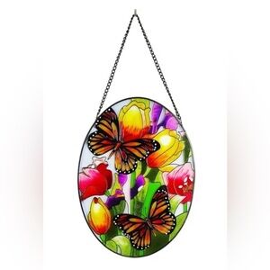 At Home Stained Glass Butterfly Sun Catcher Indoor/Outdoor Wall Decor, 12" oval